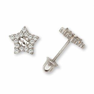 14K Solid White Gold 6mm Star Shape Screw Back Earrings Set With Sparkly Stones